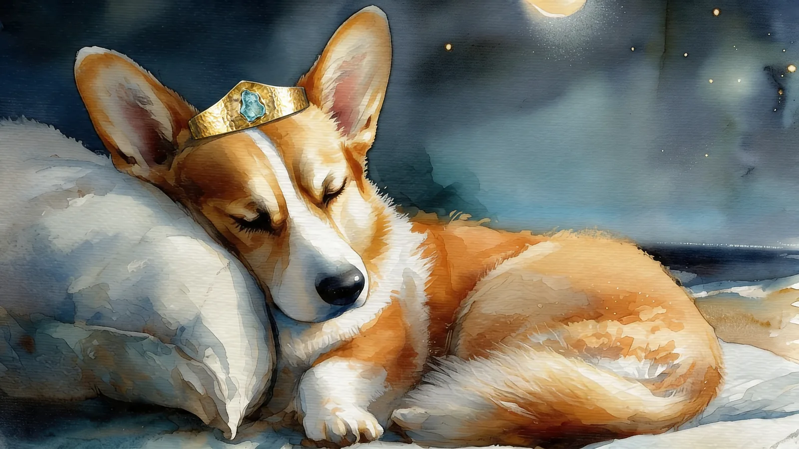 Prince Freddie, the small dog with a soft crown, curls up to sleep under soft Spanish moonlight.