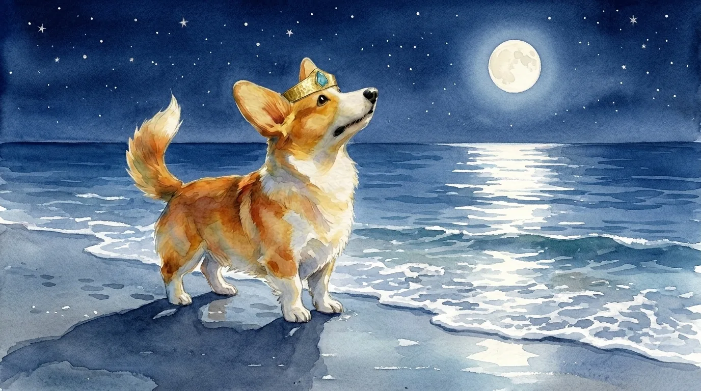 Prince Freddie stands on a moonlit Spanish beach as the full moon rises over the sea.