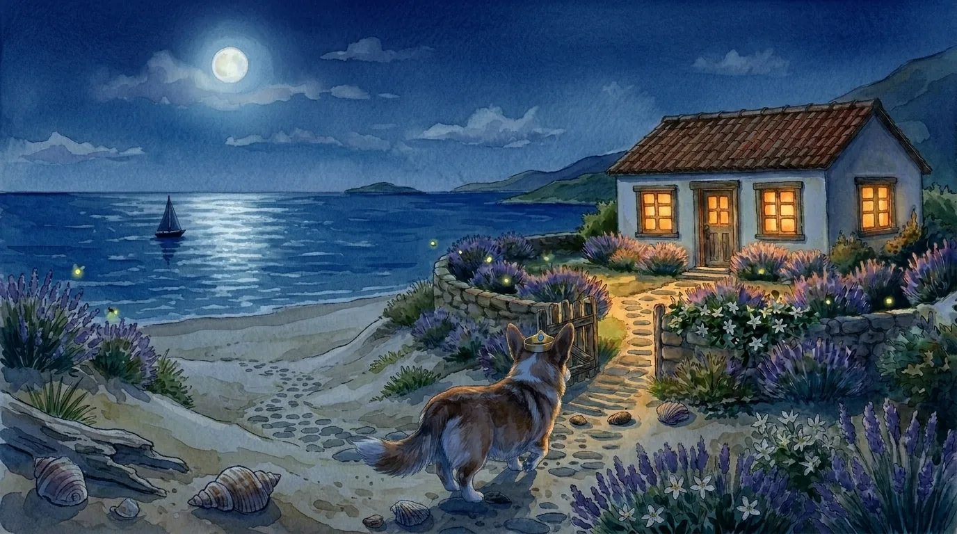 Prince Freddie, a small corgi, approaches his warm-lit Spanish cottage at the end of the day.