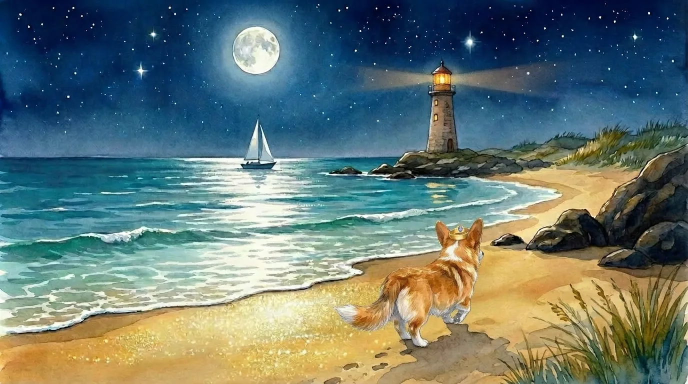 Prince Freddie walks toward a lighthouse on the Spanish coast at dusk.