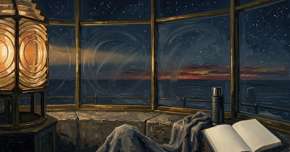 An oil-painted lantern room at night, the lamp glowing, an open notebook by the window over the sea.