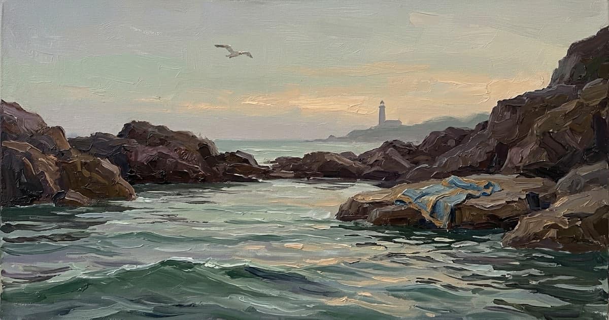 An oil-painted hidden cove in a soft haze, the lighthouse far off across the water.