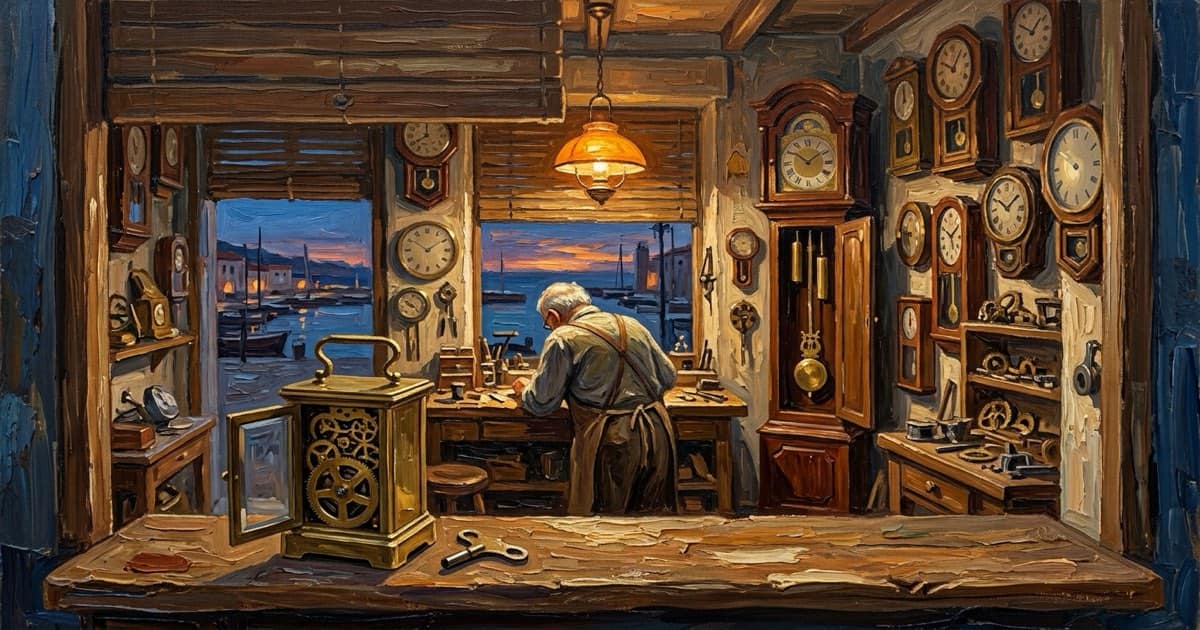 An oil-painted clock shop by the harbour, an old clockmaker at his bench under a warm lamp.
