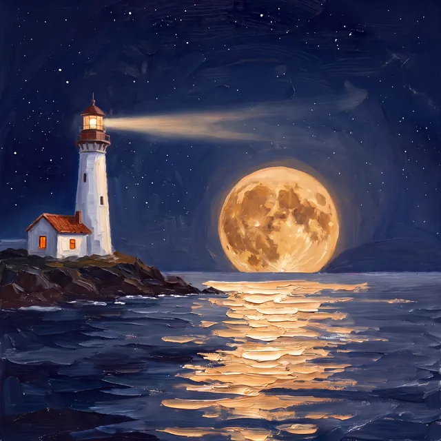 An oil-painted white lighthouse on dark rocks beside a small cottage, its beam reaching toward a large full moon over a calm night sea.