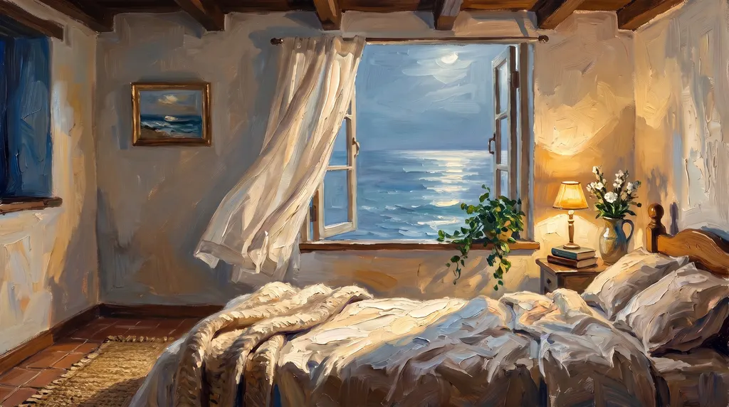 An oil painting of a cosy seaside bedroom at night, seen from the bed: a knit blanket, a lamp on low, white flowers in a jug, and an open window onto the moonlit sea.