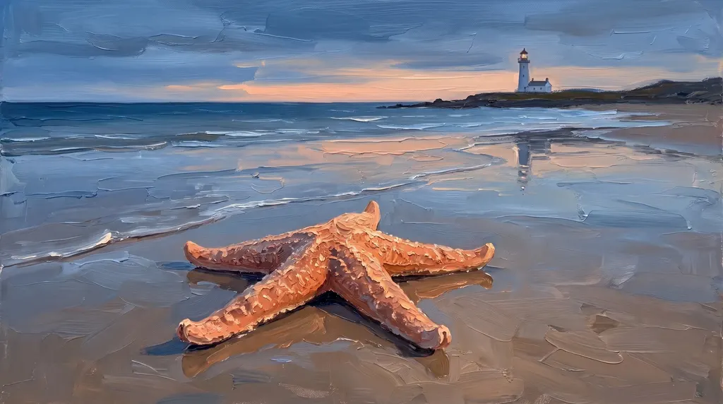 An oil painting of a sea star on wet sand at blue dusk, a peach band of light on the horizon.
