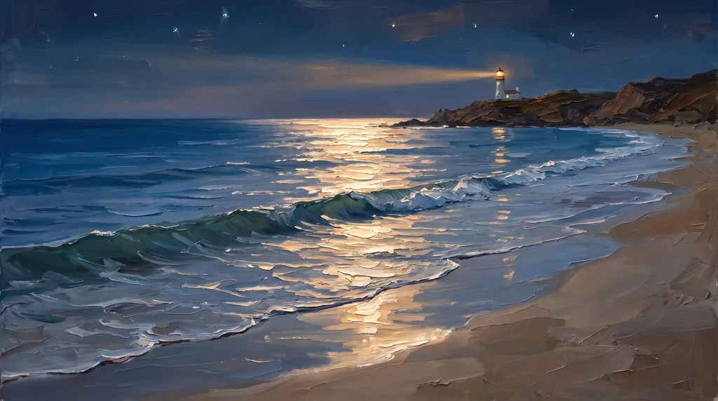 An oil painting of one long, low wave about to spread across a wide, quiet beach at night, a path of moonlight on the sea.