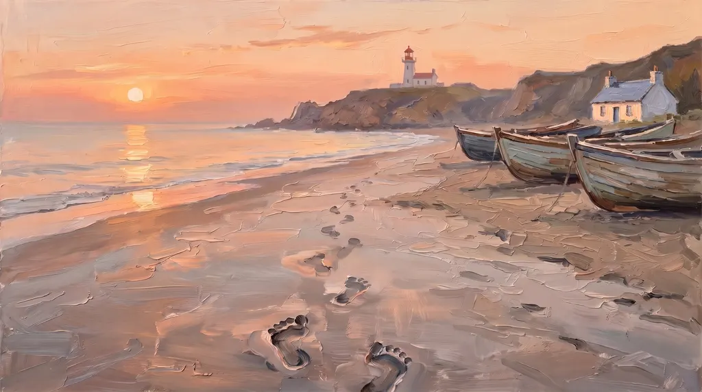 An oil painting of a long empty beach at sunset under a peach sky, the low sun laying a gold path across the sea, footprints in the wet sand leading toward a white lighthouse on the headland, boats pulled up on the shore and a small whitewashed cottage at the foot of the cliffs.