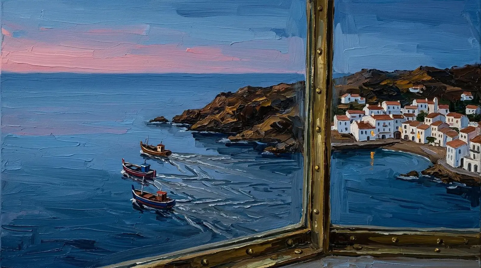 Three small fishing boats coming in toward a white village on a rocky coast at dusk, a pink line left in the sky.