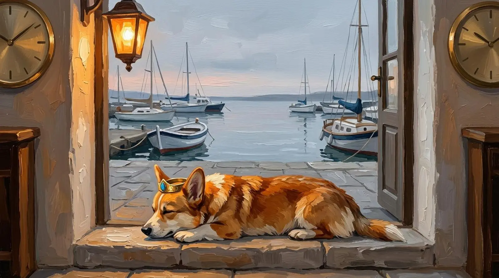 Prince Freddie, a small corgi in a thin gold coronet, asleep on a shop step beside a quiet harbour with moored boats.