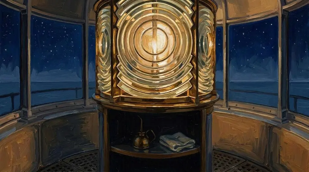 The great brass lens of the lighthouse, lit and turning in a dark glass room.