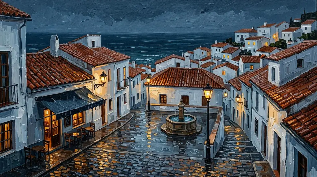 Rain on the wet cobbles of the village square, lamps glowing in the windows around the fountain.