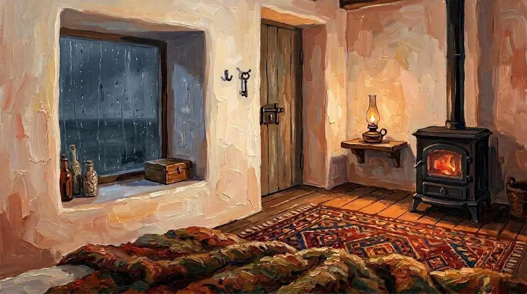 A small whitewashed room with a lit iron stove, a wool blanket on the bed and a window onto the sea.