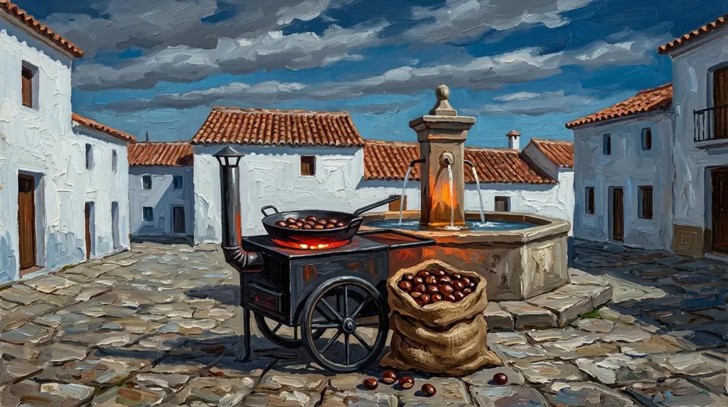 A chestnut seller's black iron cart beside the stone fountain in a white village square at dusk.