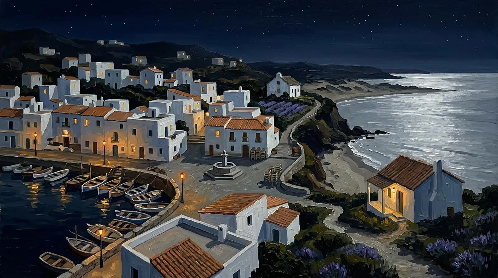 The village at night from the lighthouse: white houses climbing a hill, small yellow windows, a curve of beach in the moonlight.